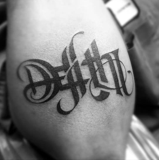 Male With Outer Forearm Life Death Ambrigram Tattoo Design