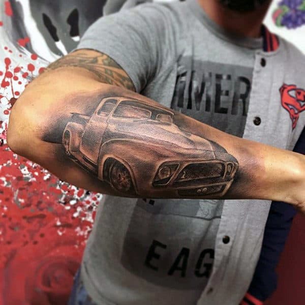 Male With Outer Forearm Shaded Old School Truck Tattoo