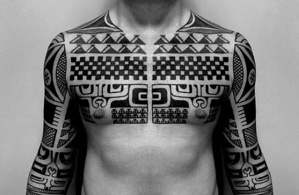 Male With Pattern Old School Sick Tribal Chest And Sleeve Tattoo