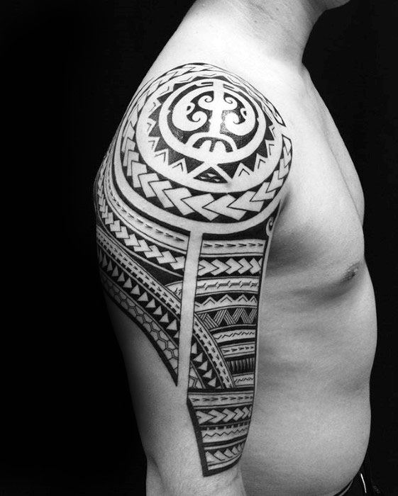Male With Polynesian Black Ink Tribal Tattoo Half Sleeve