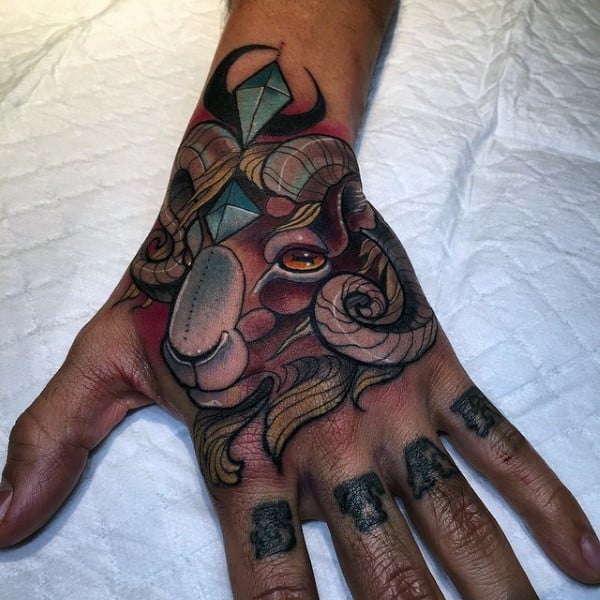 Male With Ram Neo Traditional Hand Tattoo