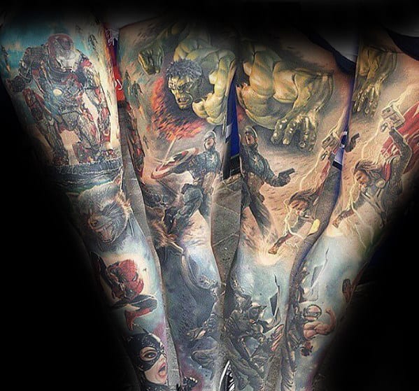 Male With Realistic 3d Marvel Full Sleeve Tattoo On Leg