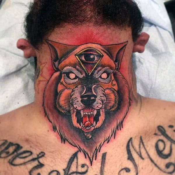 Throat tattoo featuring a fierce wolf with a third eye, bold shading, vibrant orange and black details, and an intense expression
