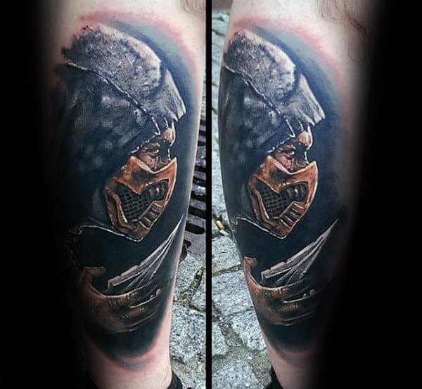 Male With Realistic Mortal Kombat Leg Tattoo