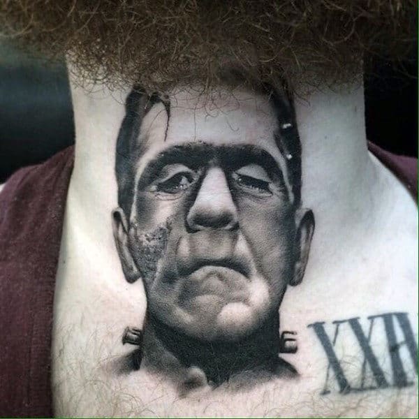 Male With Realistic Shaded Frankenstein Neck Tattoo