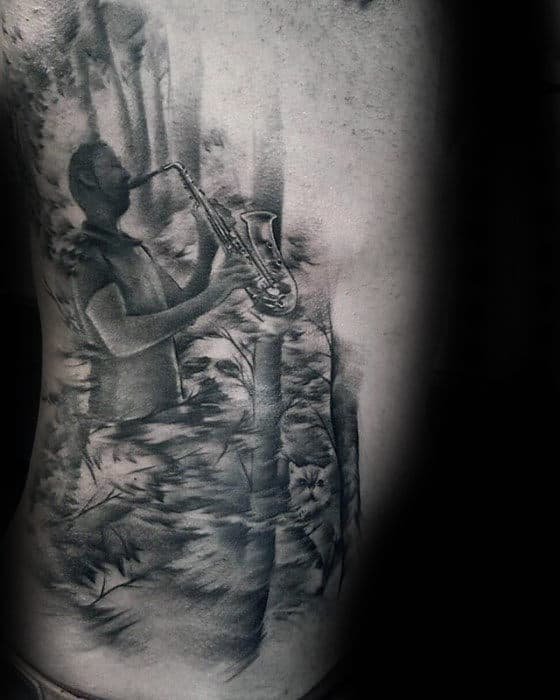 Male With Rib Cage Side Saxophone Player Shaded Tattoo Design