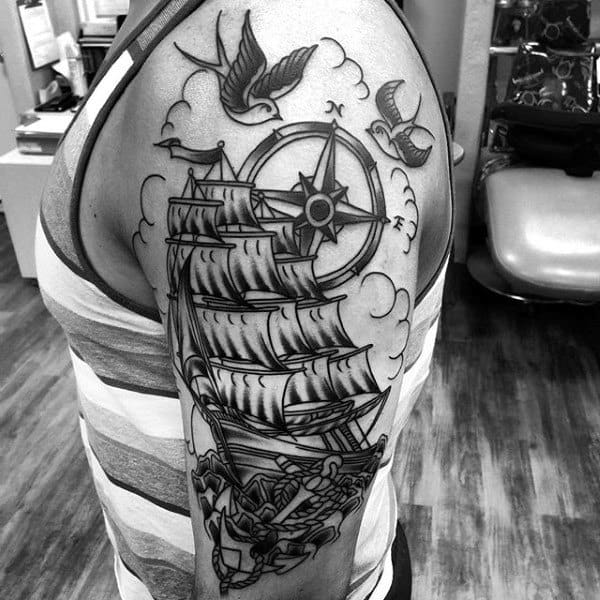 Male With Sailing Ship Traditional Compass Half Sleeve Tattoo Design