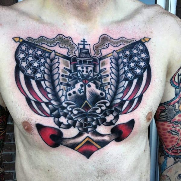 Male With Sailor Jerry Style Navy Upper Chest Tattoo