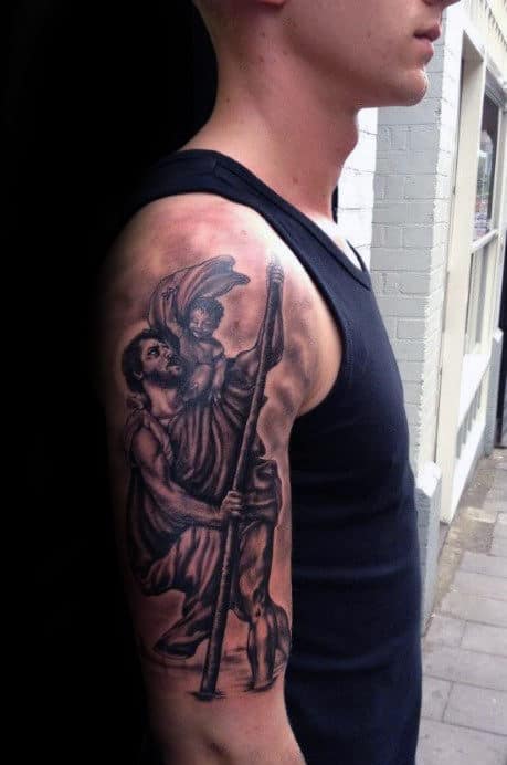 Male With Saint Christopher Arm Tattoo Designs