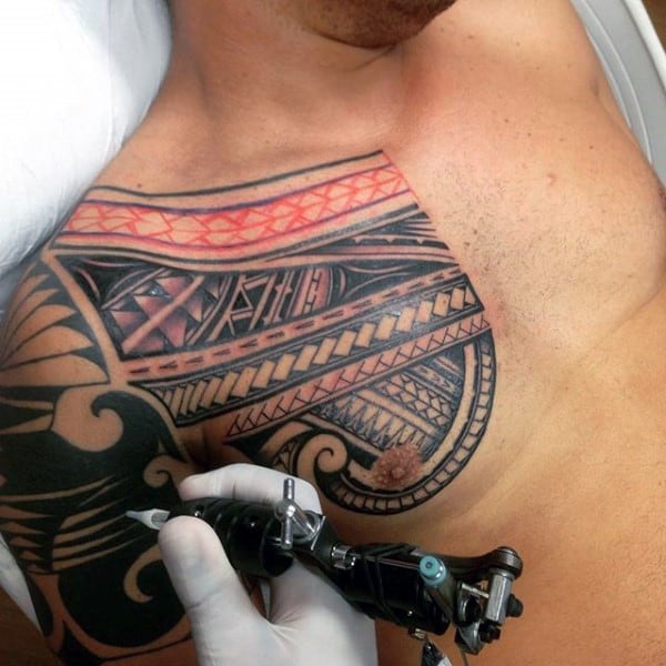 Male With Samoan Tribal Chest And Arm Tattoo Designs