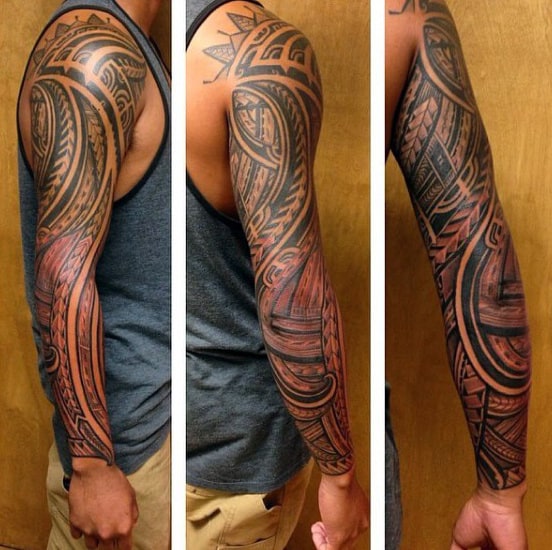 Male With Samoan Tribal Full Sleeve Shaded Tattoo Design