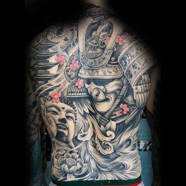 Male With Samuari And Temple Japanese Full Back Tattoo Design
