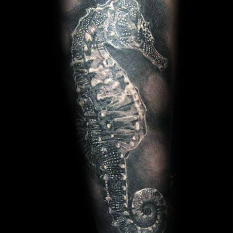 Hyper-realistic black and grey seahorse tattoo on forearm, featuring intricate textures and shading for a lifelike, three-dimensional effect.