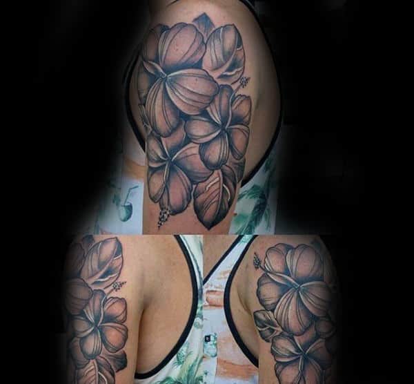 Male With Shaded Black And Grey Hibiscus Upper Arm Tattoo