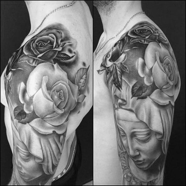 Male With Shaded Black And Grey Rose Flower Virgin Mary Half Sleeve Tattoos