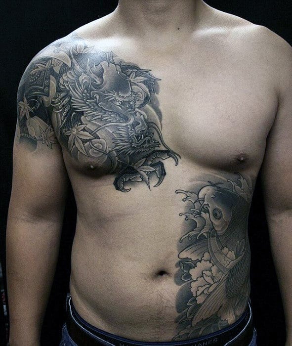 Male With Shaded Dragon Chest Tattoo