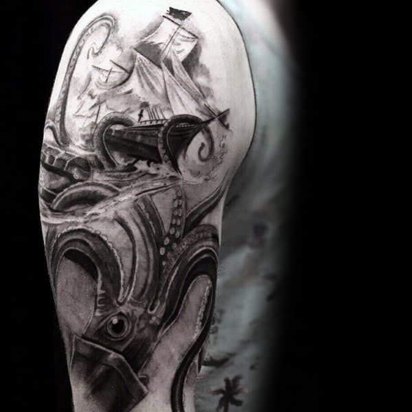 Male With Shaded Grey And Black Ink Kraken Realistic Tattoo On Upper Arms
