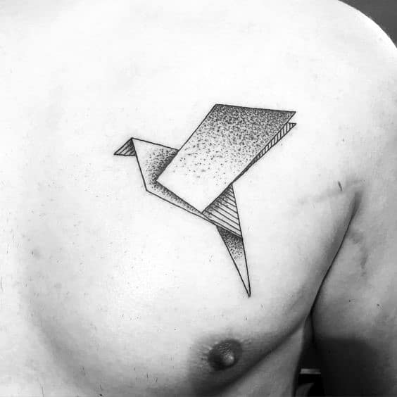 Male With Shaded Origami Upper Chest Bird Tattoo Design