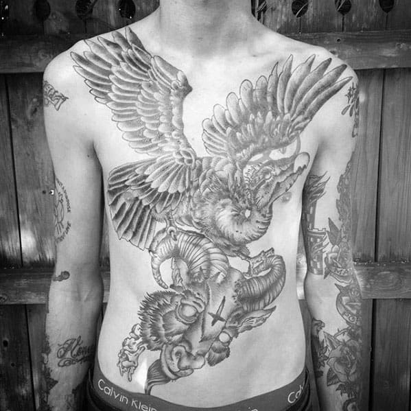Male With Shaded Vulture Flying With Ram Skull Chest Tattoo