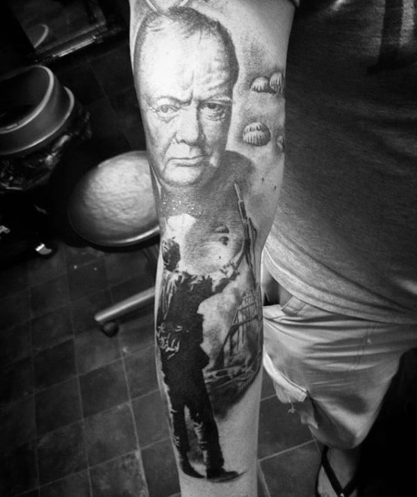 Male With Shaded Ww2 Themed Forearm Tattoo