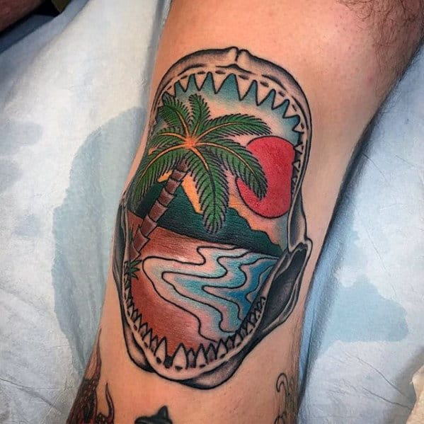 Male With Shark Jaw Beach Landscape Knee Cap Tattoo Design