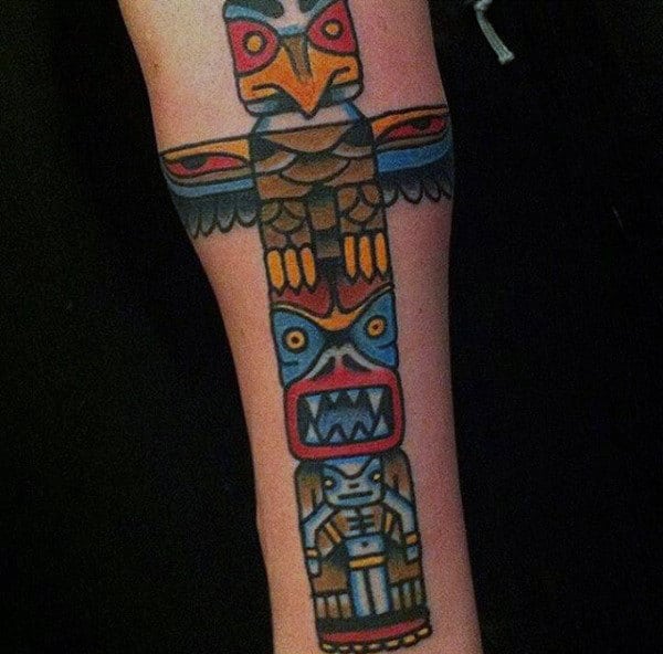 Male With Simple Neo Traditional Totem Pole On Forearm