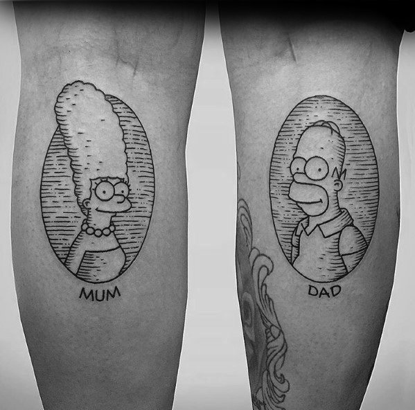 Black and white tattoo of Marge and Homer Simpson in vintage-style portrait frames labeled 'Mum' and 'Dad' on separate legs.