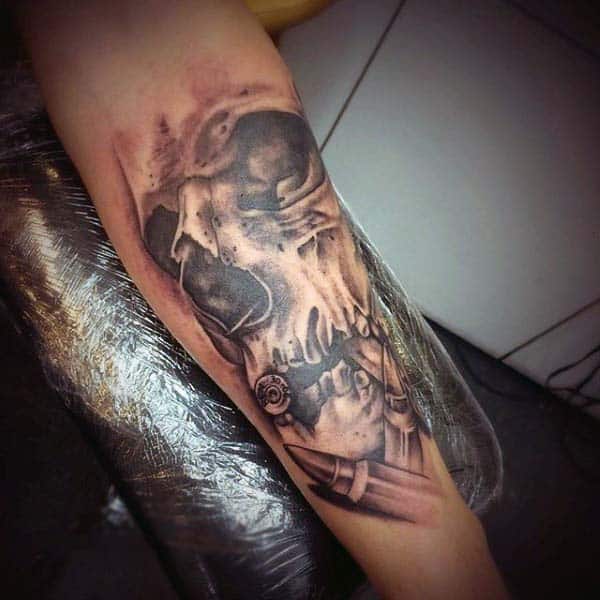 Male With Skull Bullet Forearm Mens Tattoos