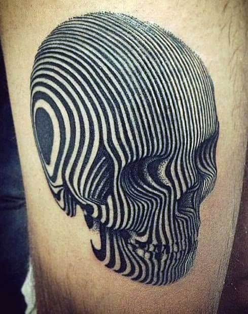 Male With Skull Lines Optical Illusion Tattoo On Thigh