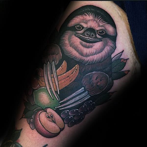 Male With Sloth And Fruits Thigh Tattoos