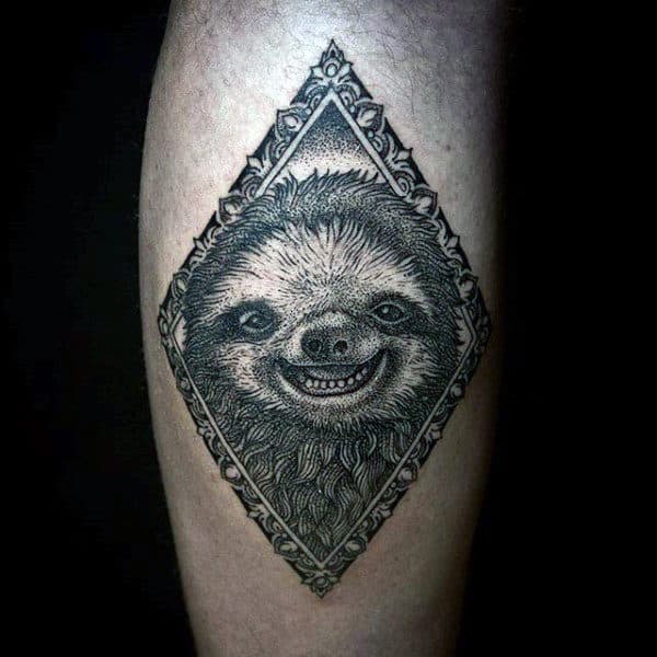 Male With Smiling Sloth Arm Tattoo Inside Picture Frame