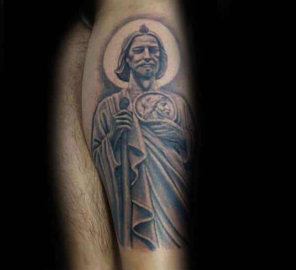 Male With St Jude Side Of Leg Tattoo
