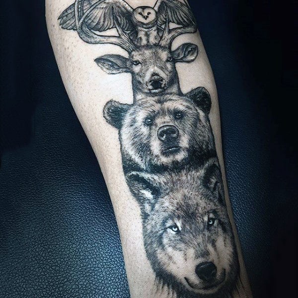 Male With Stylish Realistic Shaded Totem Pole Tattoo On Forearm