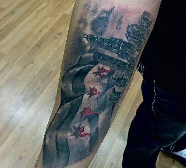 Male With Tattoo Of Chicago Flag And City Skyline On Forearms