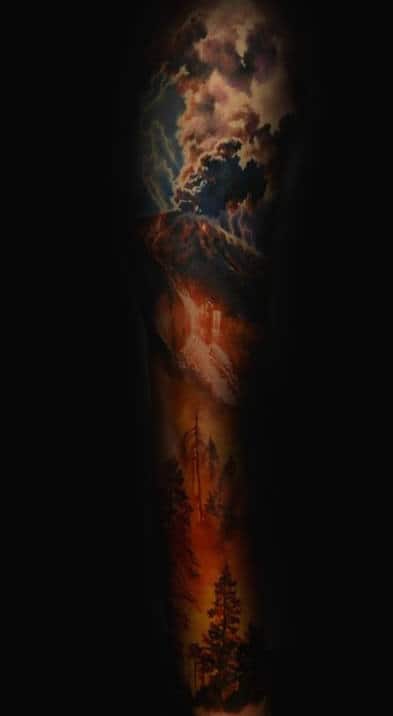 Male With Tattoo Of Full Sleeve Forest Fire