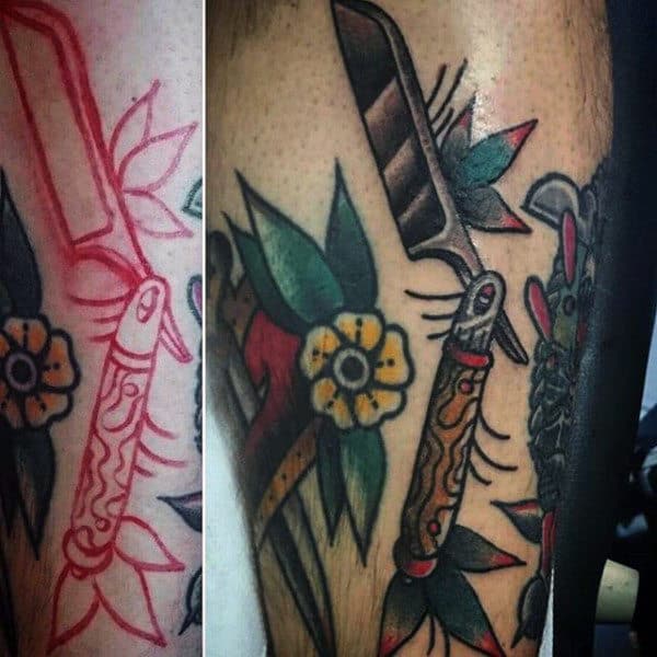 Male With Tattoo Of Old School Straight Razor Design