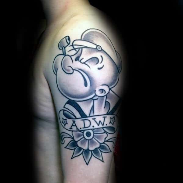 Male With Tattoo Of Popeye Old School Design With Flower