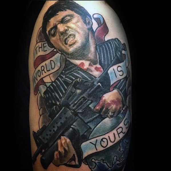 Male With The World Is Yours Scarface Arm Tattoos