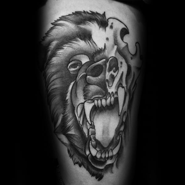 Male With Thigh Tattoo Cool Bear Skull Design