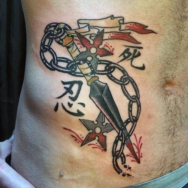 Male With Throwing Star And Katana Rib Cage Side Japanese Ninja Tattoo