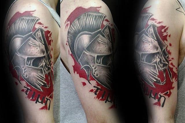 Male With Trash Polka Warrior Helmet Arm Tattoo