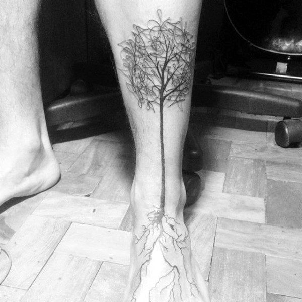 Male With Tree Roots Leg And Foot Tattoo