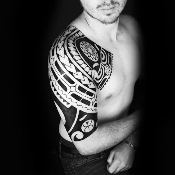 Male With Tribal Half Sleeve And Chest Tattoo Owl Design