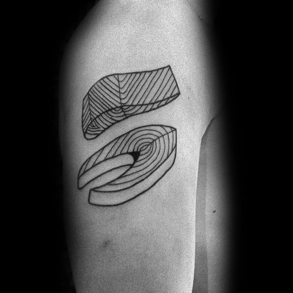 Minimalist tuna steak tattoo on a man's upper arm, featuring bold black outlines and fine line detailing for a simple yet artistic design.