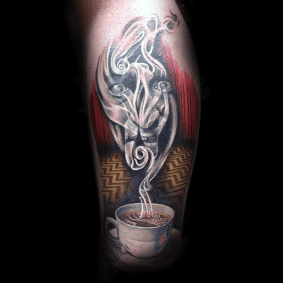 Male With Twin Peaks Hot Coffee Tattoo Design On Leg