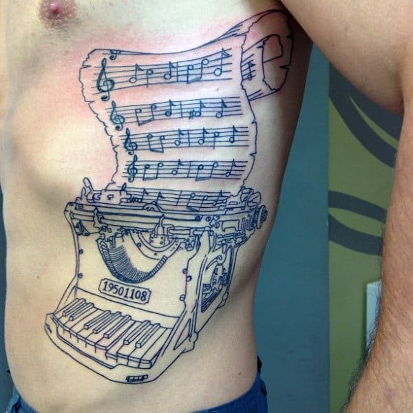 Male With Typewriter Musical Note Piano Themed Rib Cage Side Tattoo