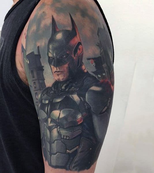 Male With Upper Arm Batman Tattoo Design Watercolor