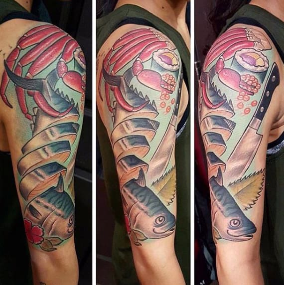 Male With Varied Seafood Tattoo Full Sleeve