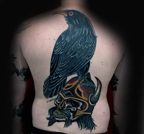 Male With Warrior Back Crow Tattoo Design