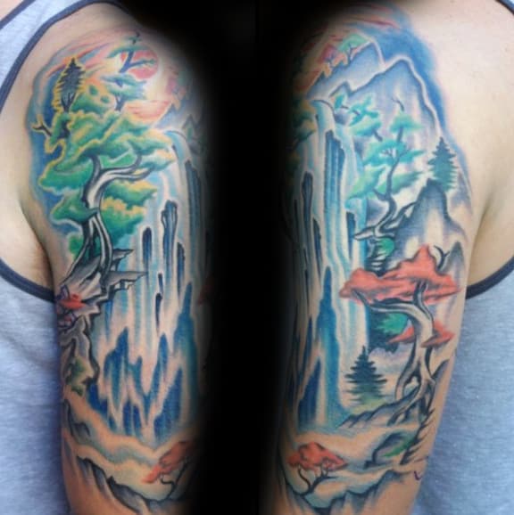 Male With Watercolor Waterfall Tattoo Half Sleeve